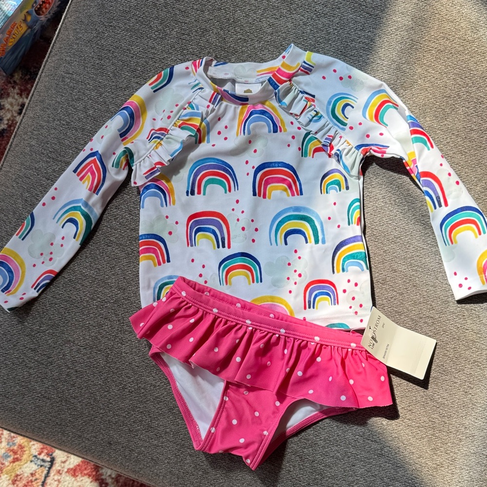 Kids Rainbow Rash Guard Swimsuit Set - White & Pink
